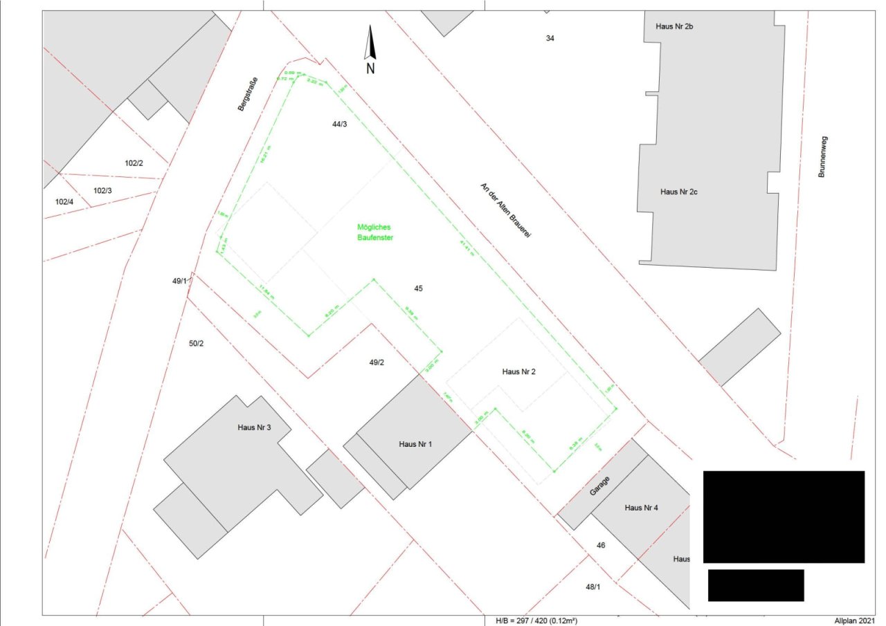 Lageplan mit möglichem Bebauungsfenster